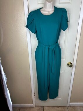 Calvin Klein Teal Belted Short-Sleeve Jumpsuit